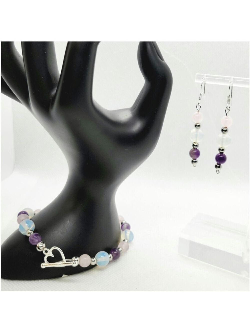 Natural Gemstone Bracelet Earrings Set Rose Quartz Amethyst Opalite